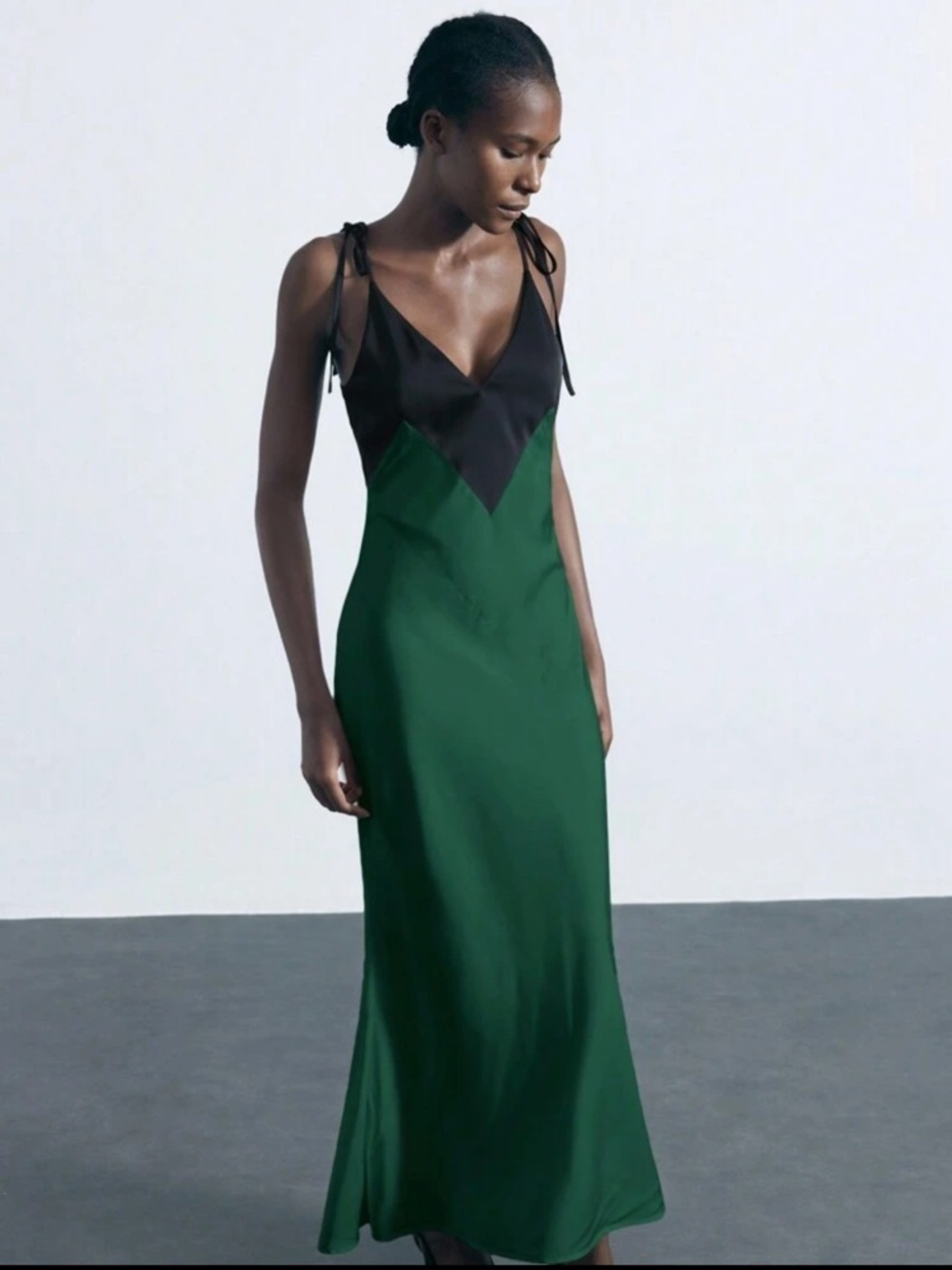 Satin Two-Tone Maxi Slip Dress in Emerald Green - Picture 1 of 4